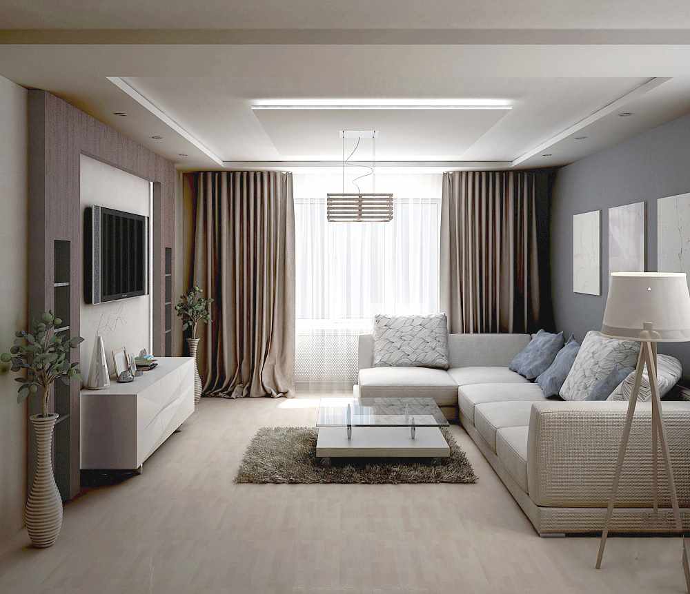 Dzīvojamās istabas gaiša dizaina piemērs ar platību 17 kv.m