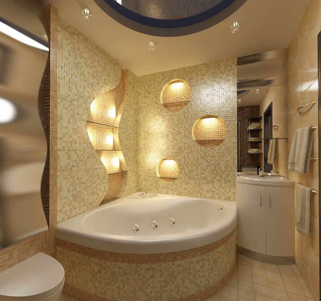 option of a light bathroom decor with a corner bath