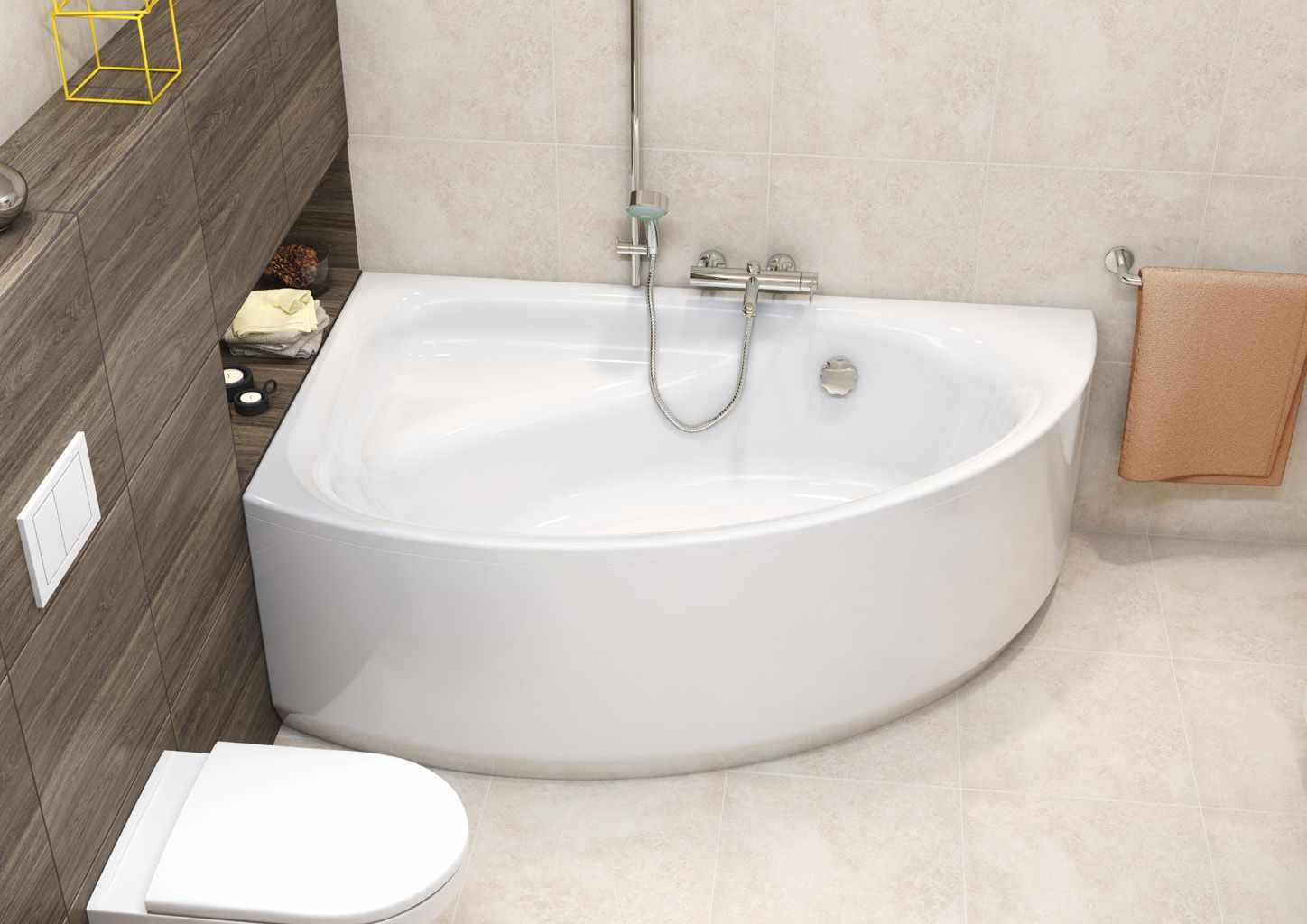An example of a bright style bathroom with a corner bath