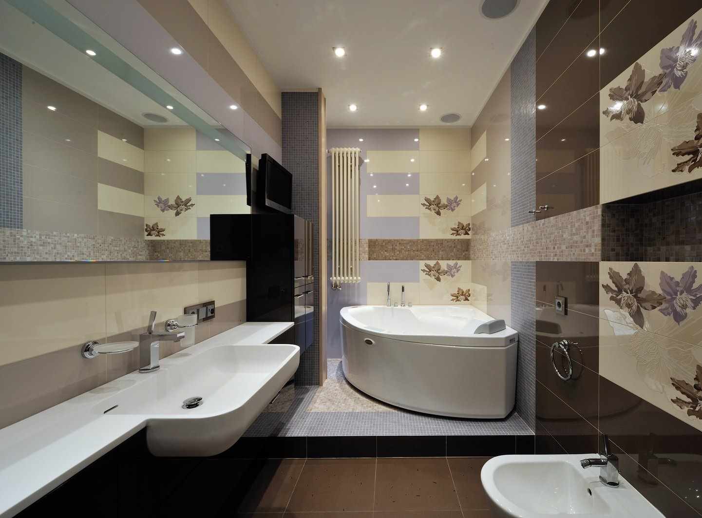 variant neobvyklého interiéru kúpeľne s rohovou vaňou