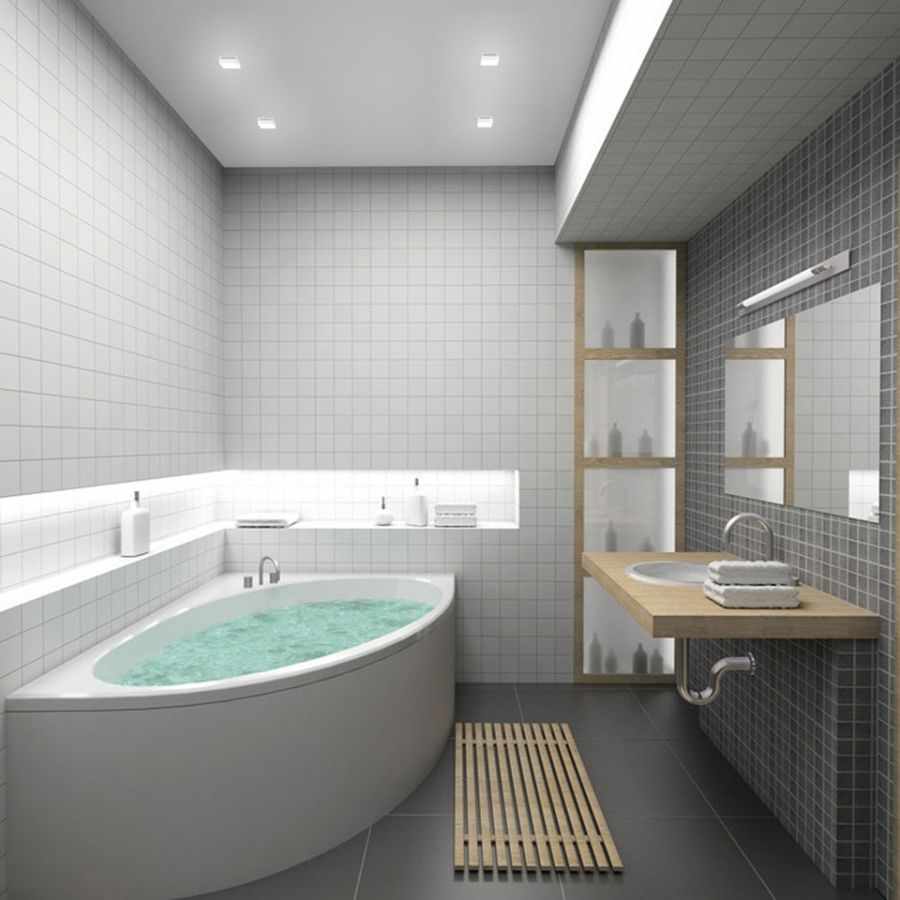 option of a bright bathroom interior with corner bath