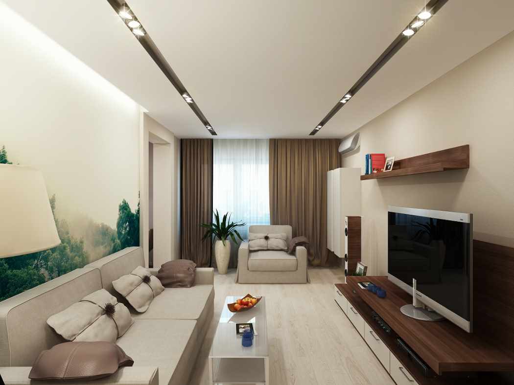 Version der Anwendung der hellen Gestaltung des Wohnzimmers im Stil des Minimalismus