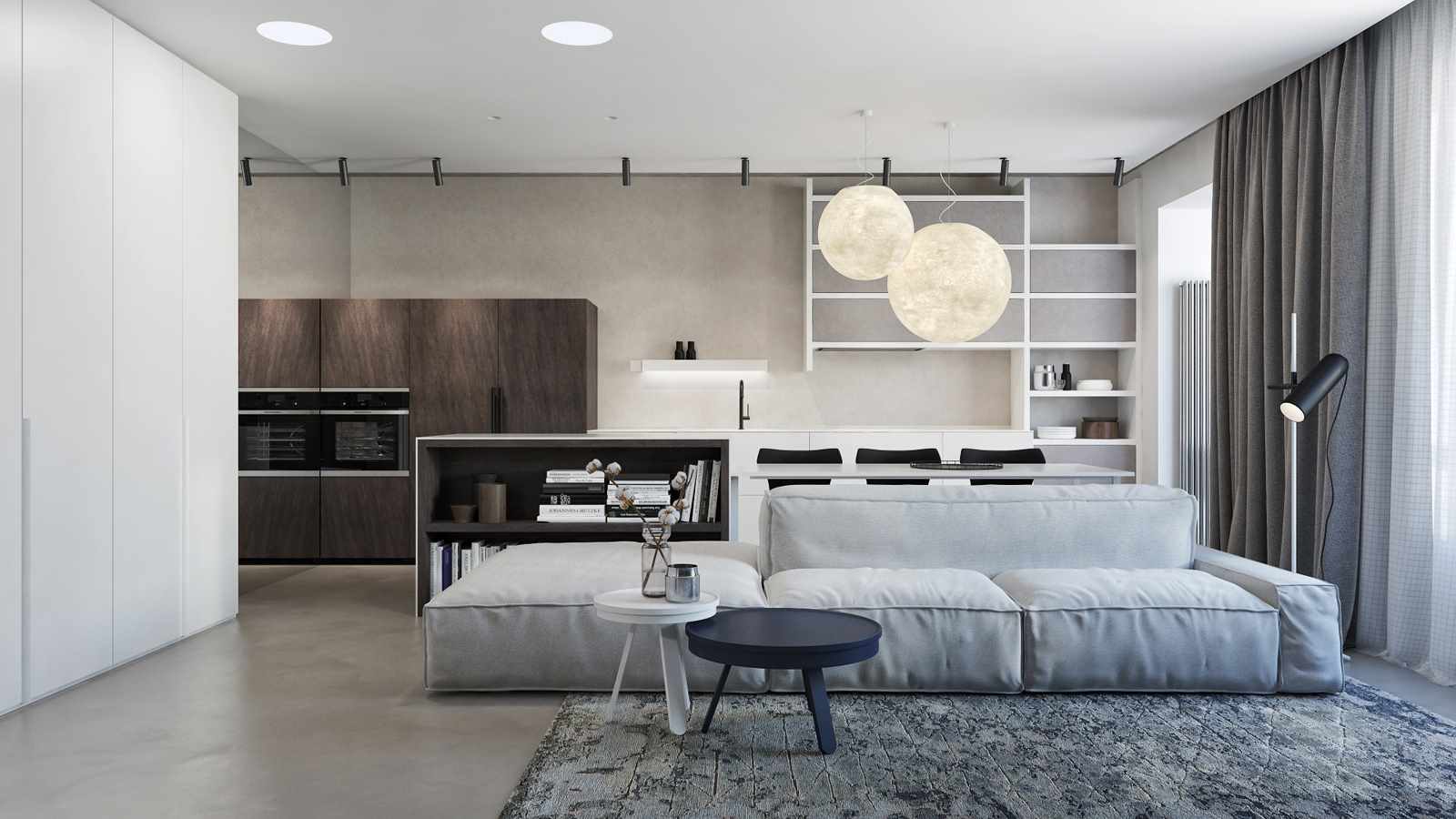 exemplo do uso de decoração luminosa de uma sala de estar no estilo do minimalismo