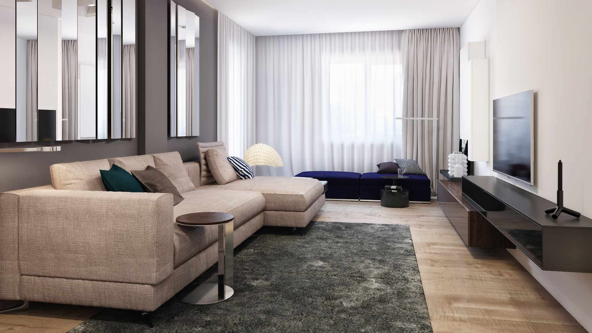 a nappali világos belső térének minimalista stílusú felhasználásának példája