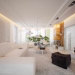 het idee om een ​​prachtig decor van een woonkamer toe te passen in de stijl van een minimalistische foto