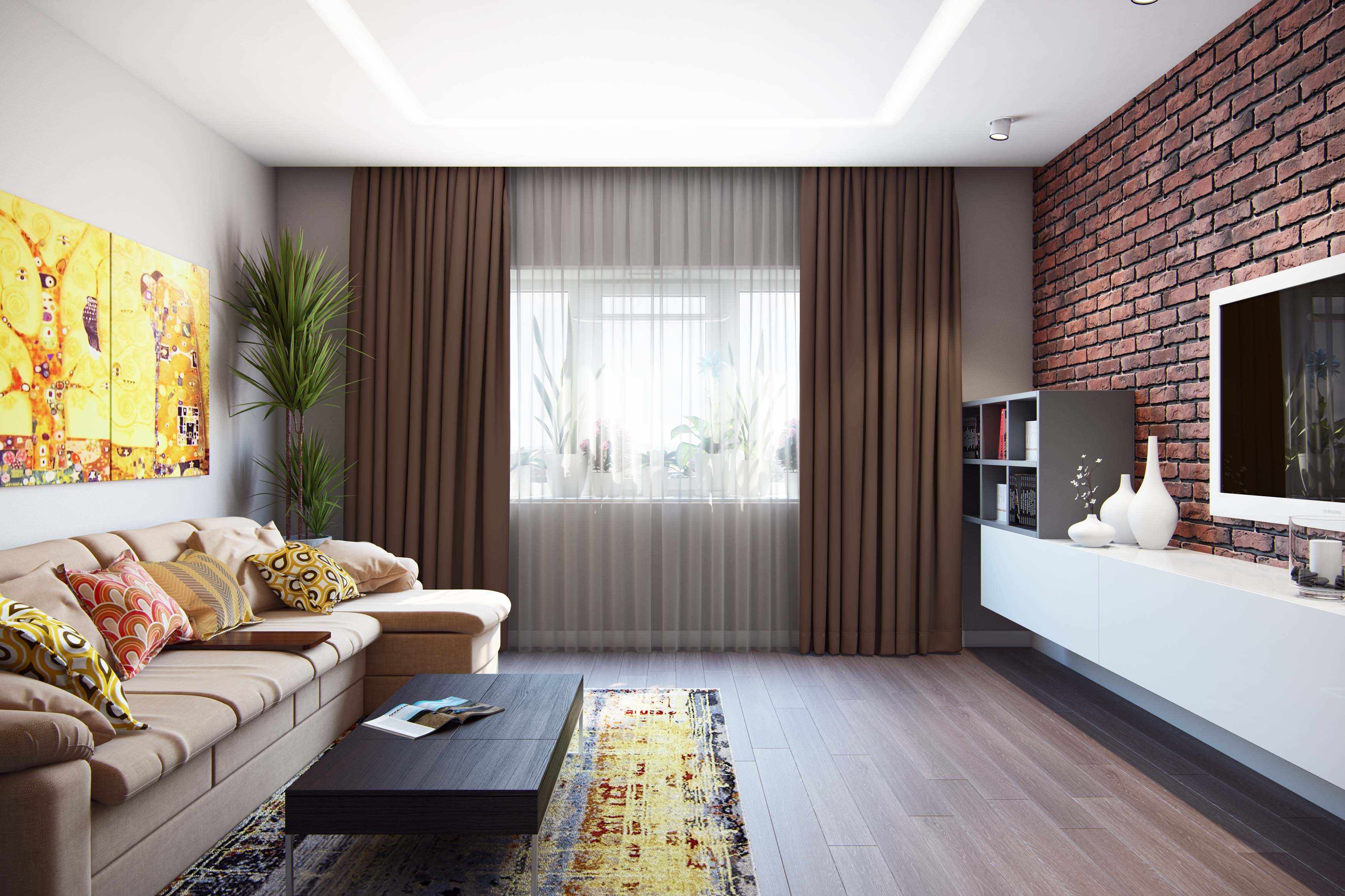 Príklad svetlého dekoru obývacej izby 17 m2