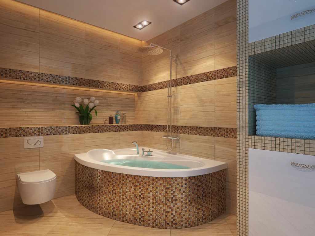 An example of bright design of a bathroom with a corner bath