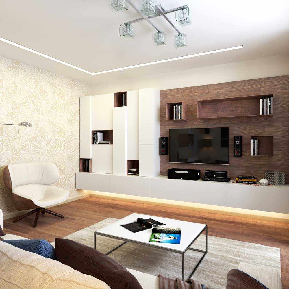 Príklad svetlého dekoru obývacej izby 16 m2