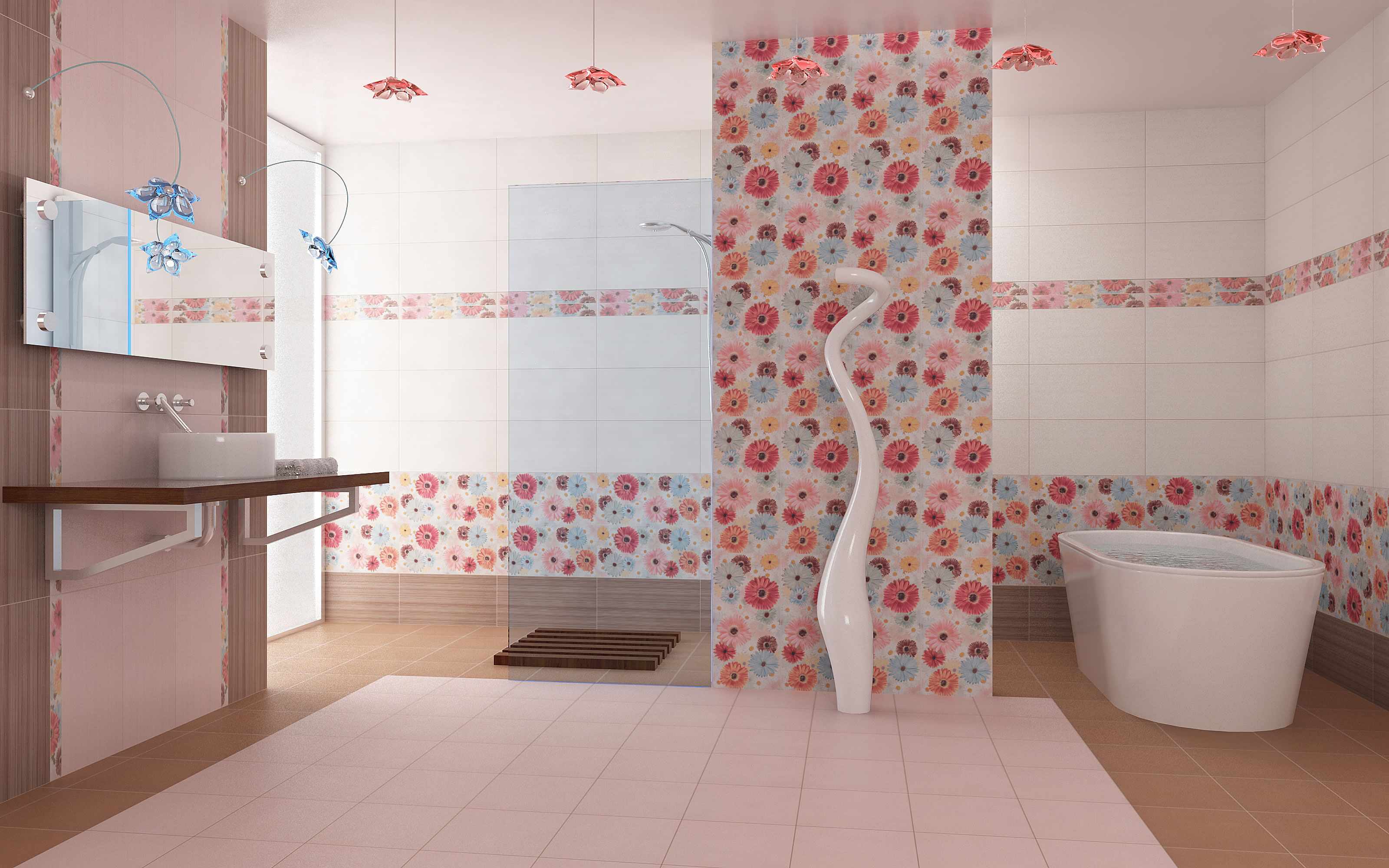 ideja par spilgtu flīzētu vannas istabas dekoru