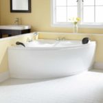 idea of ​​a bright bathroom decor with a corner bath picture