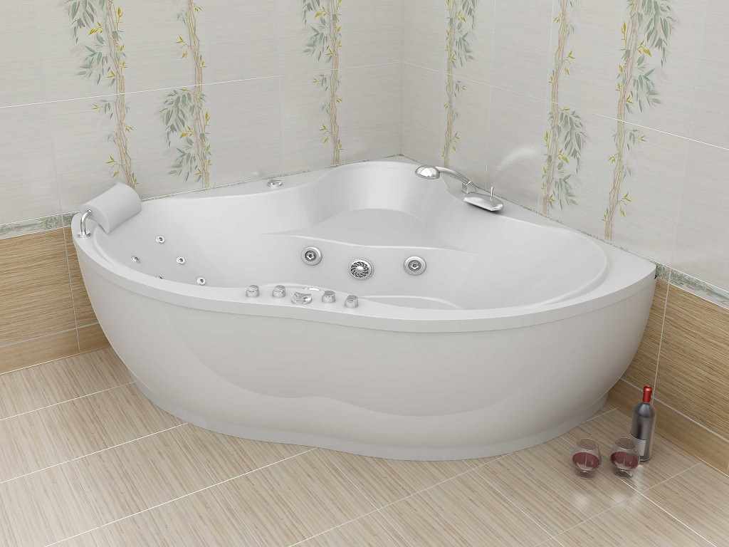 idea of ​​a beautiful bathroom interior with corner bath