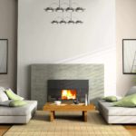 iespēja izmantot dzīvojamās istabas gaišo interjeru ar kamīna attēlu