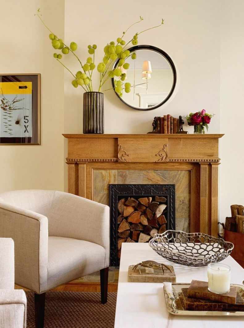 An example of using an unusual interior of a living room with a fireplace