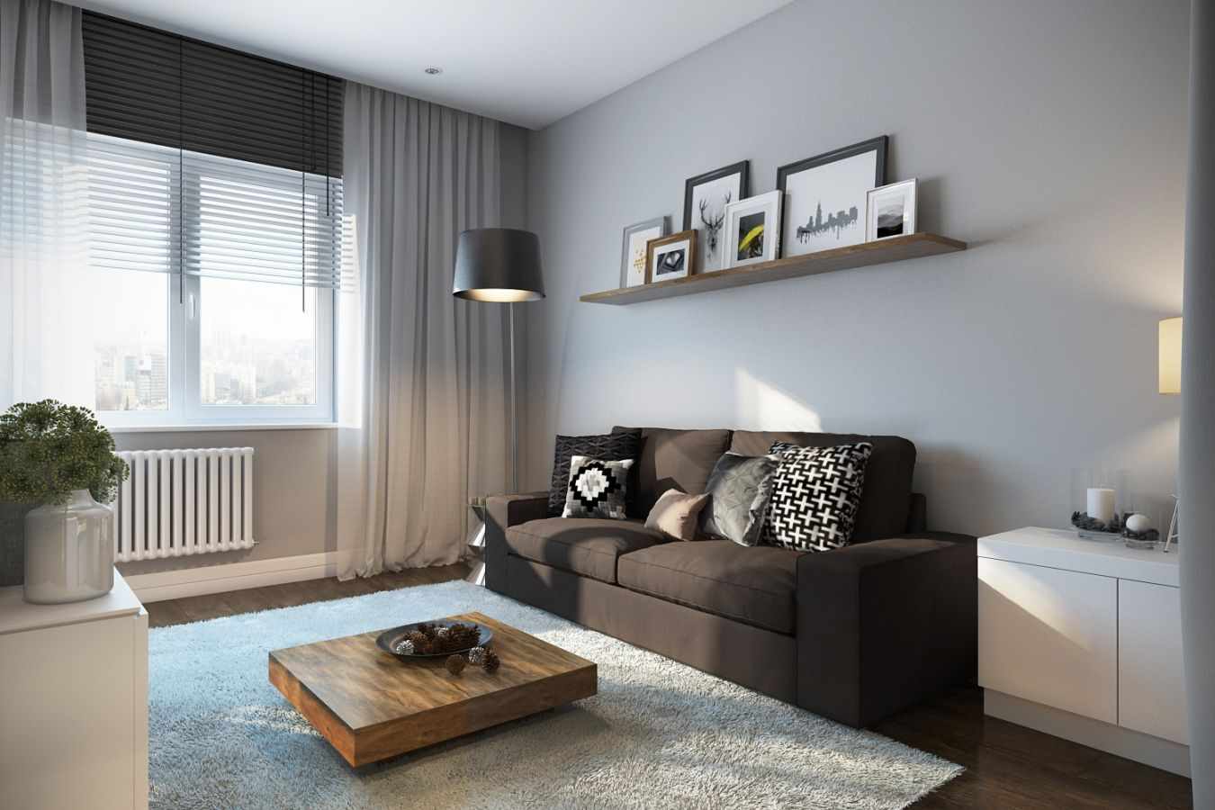 die Idee, ein helles Interieur eines Wohnzimmers im Stil des Minimalismus zu verwenden