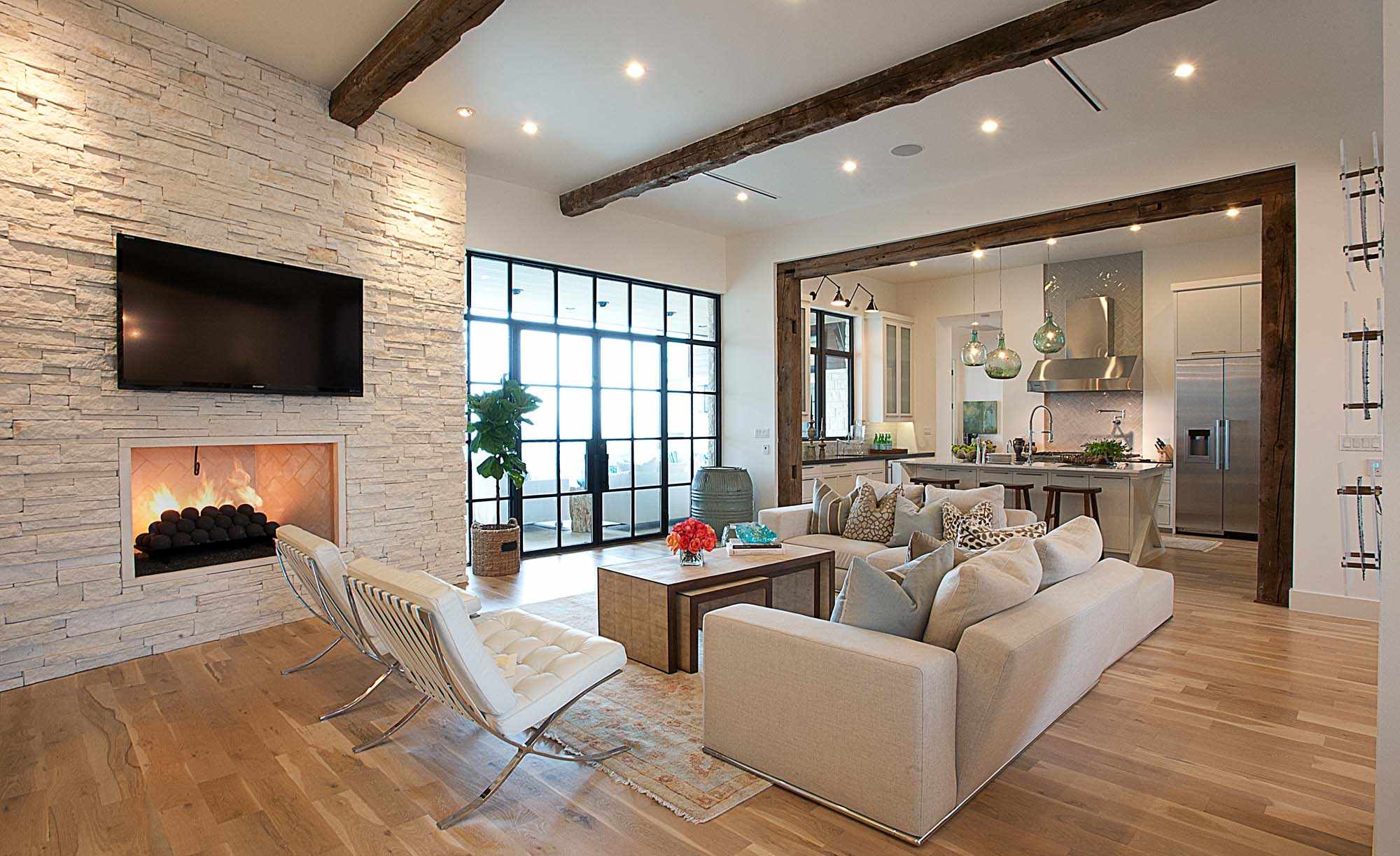 An example of applying a bright decor of a living room with a fireplace