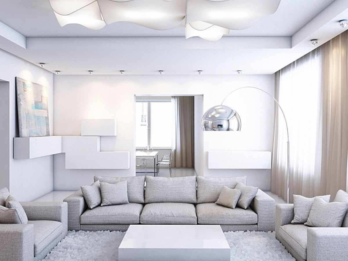 Möglichkeit der Verwendung eines ungewöhnlichen Designs eines Wohnzimmers im Stil des Minimalismus