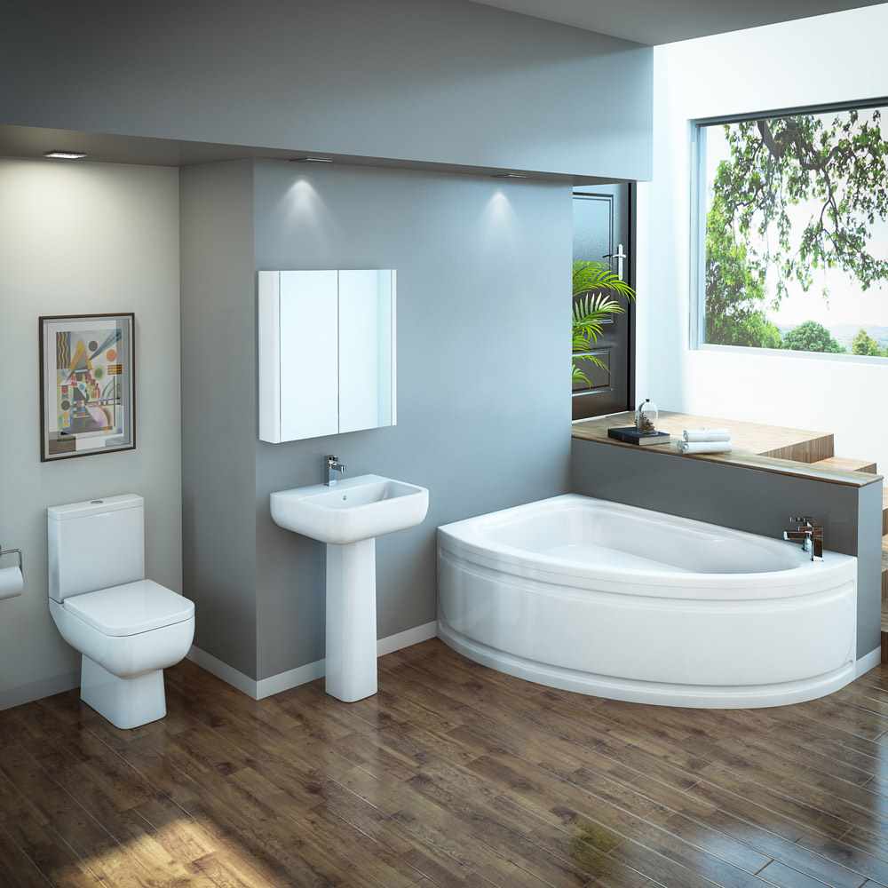 idea of ​​a bright bathroom design with corner bath