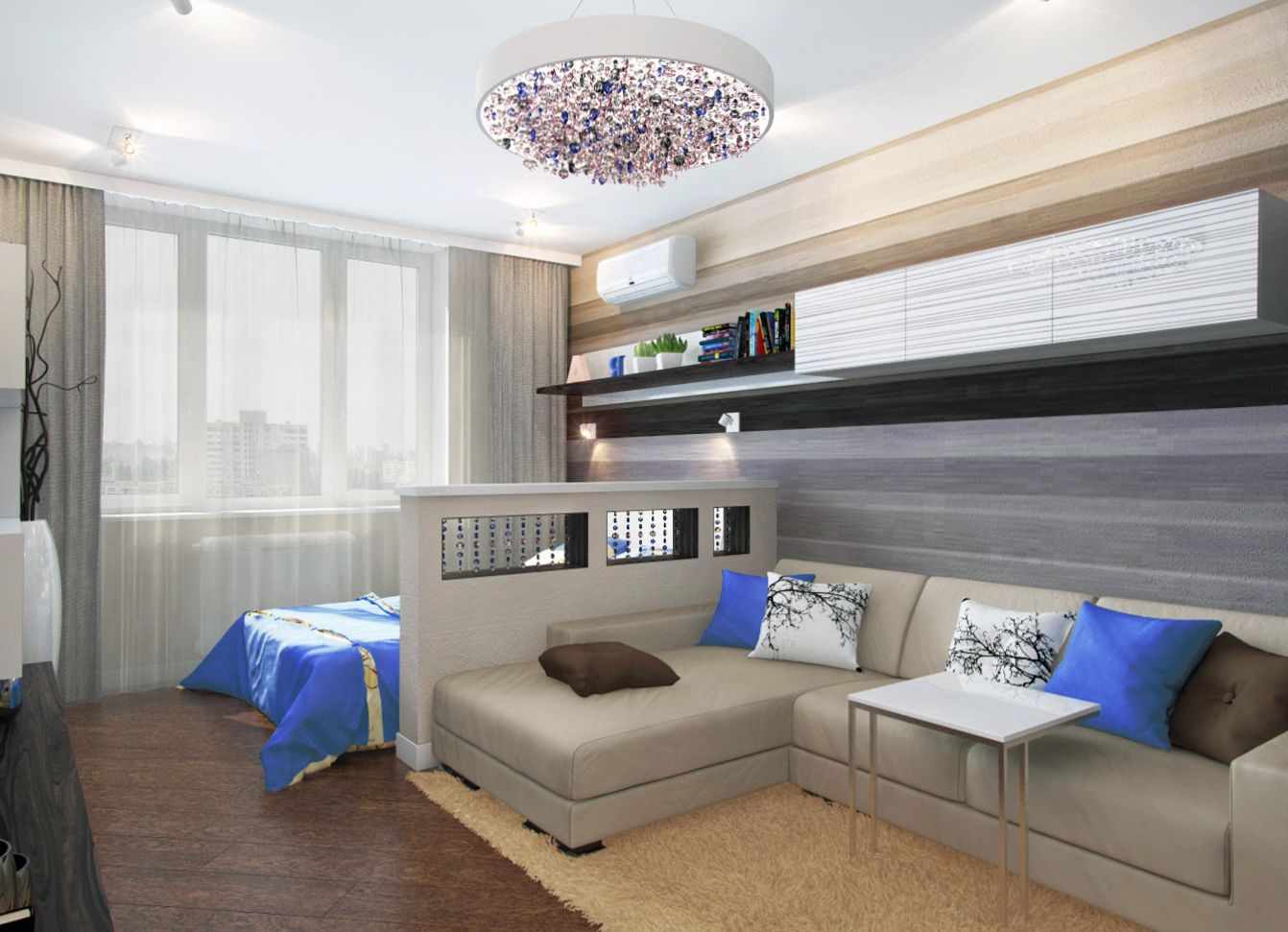 Príklad obývacej izby svetlého štýlu 17 m2