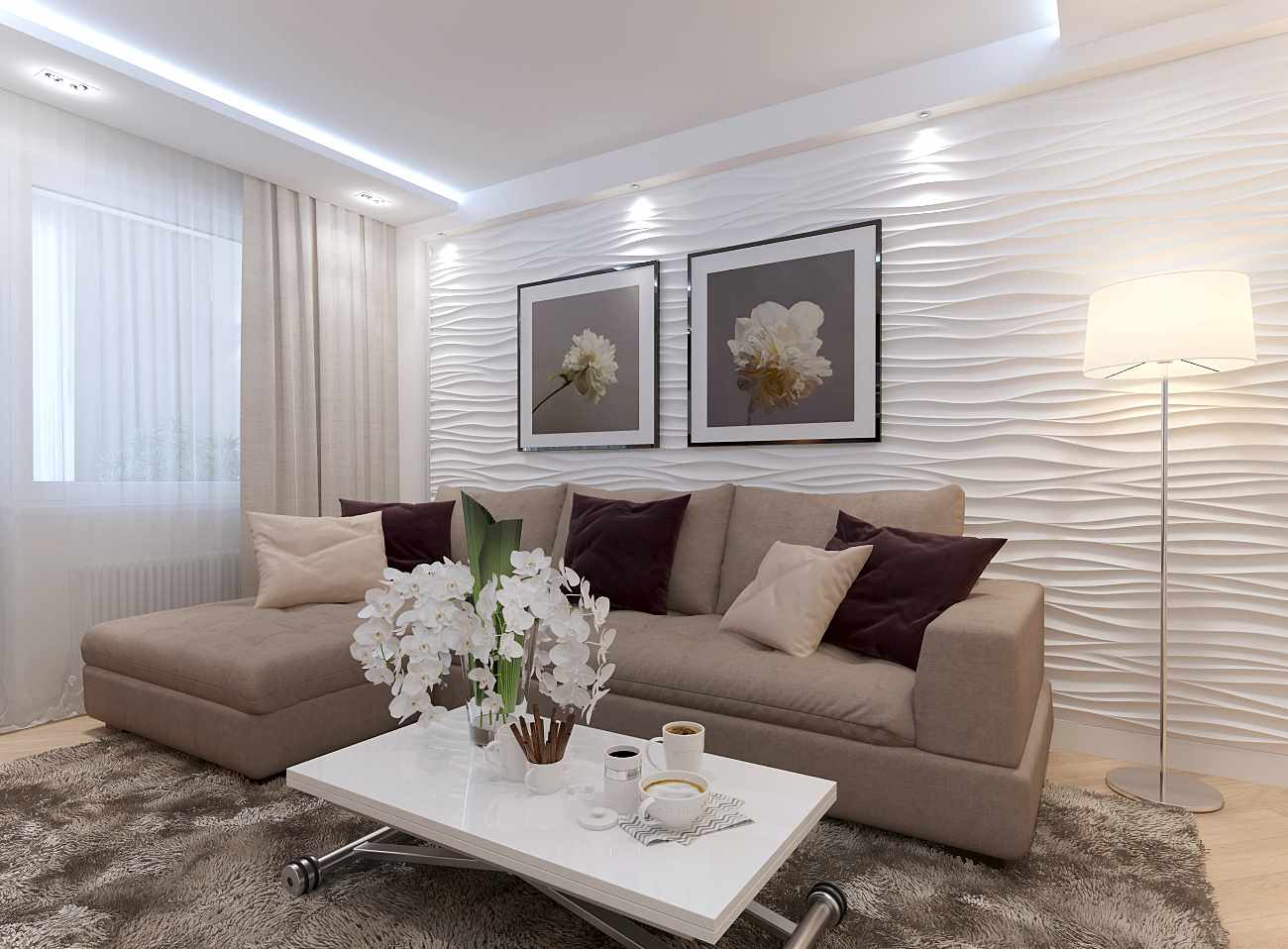 La idea de una decoración luminosa de una sala de estar de 19-20 m2.