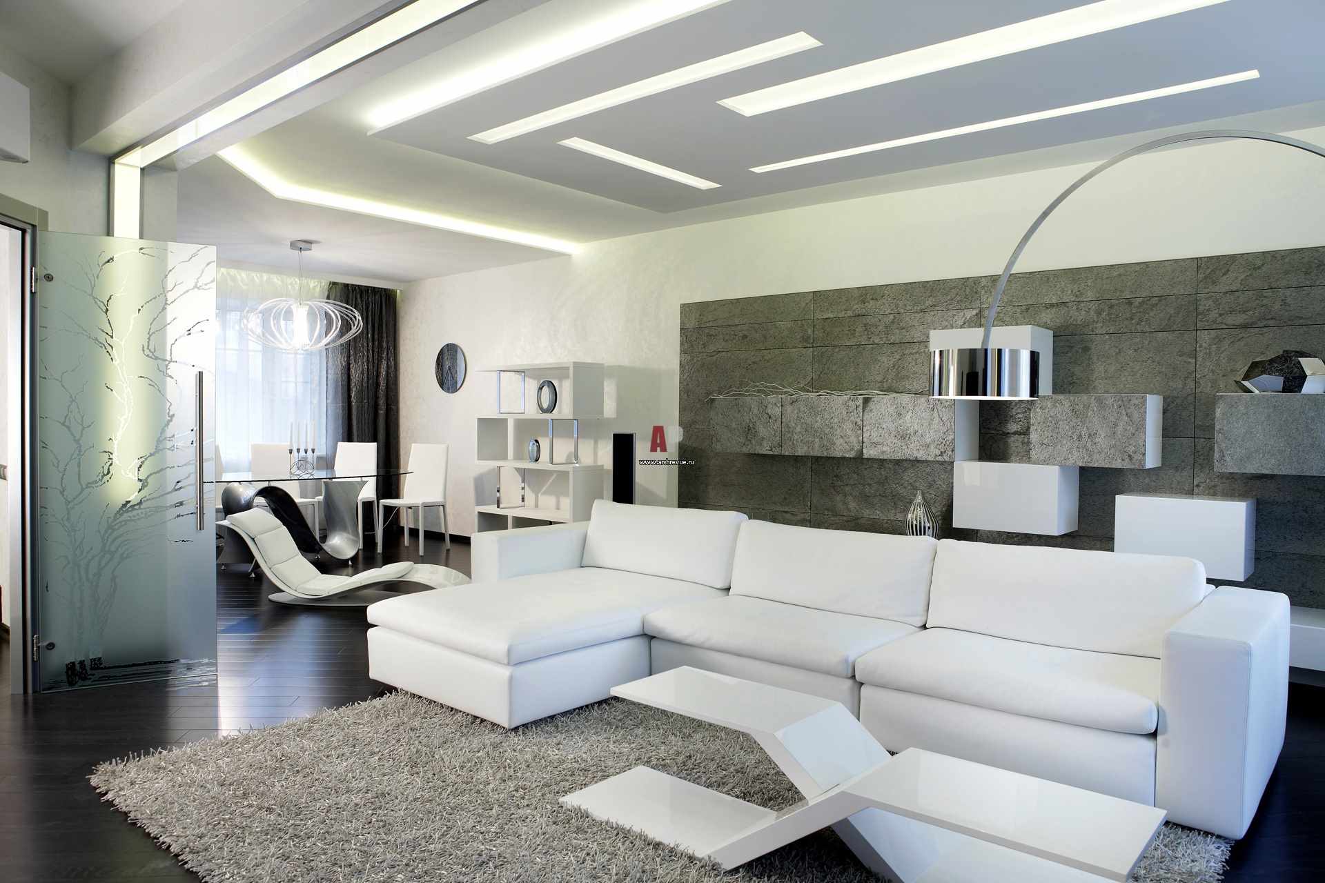 un esempio di applicazione di un interno luminoso di un salotto nello stile del minimalismo