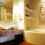 version of a beautiful bathroom interior with a corner bathtub photo