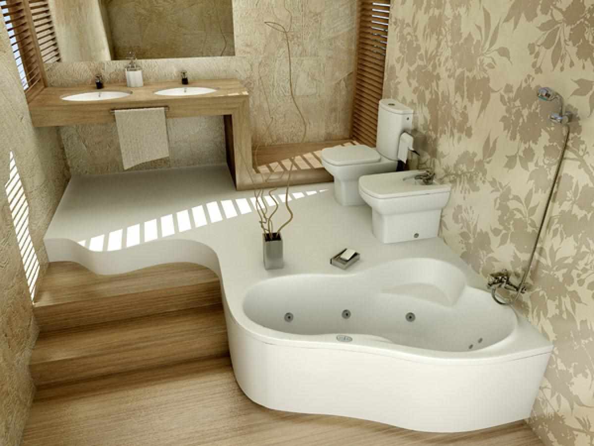 Príklad krásnej kúpeľne s rohovou vaňou