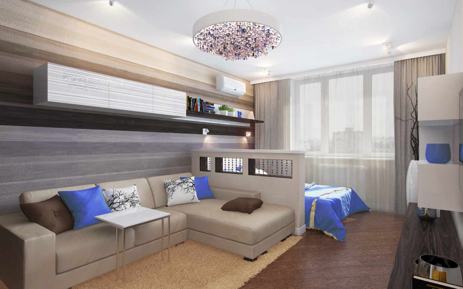 myšlienka svetlého dizajnu obývacej izby 19 - 20 m2