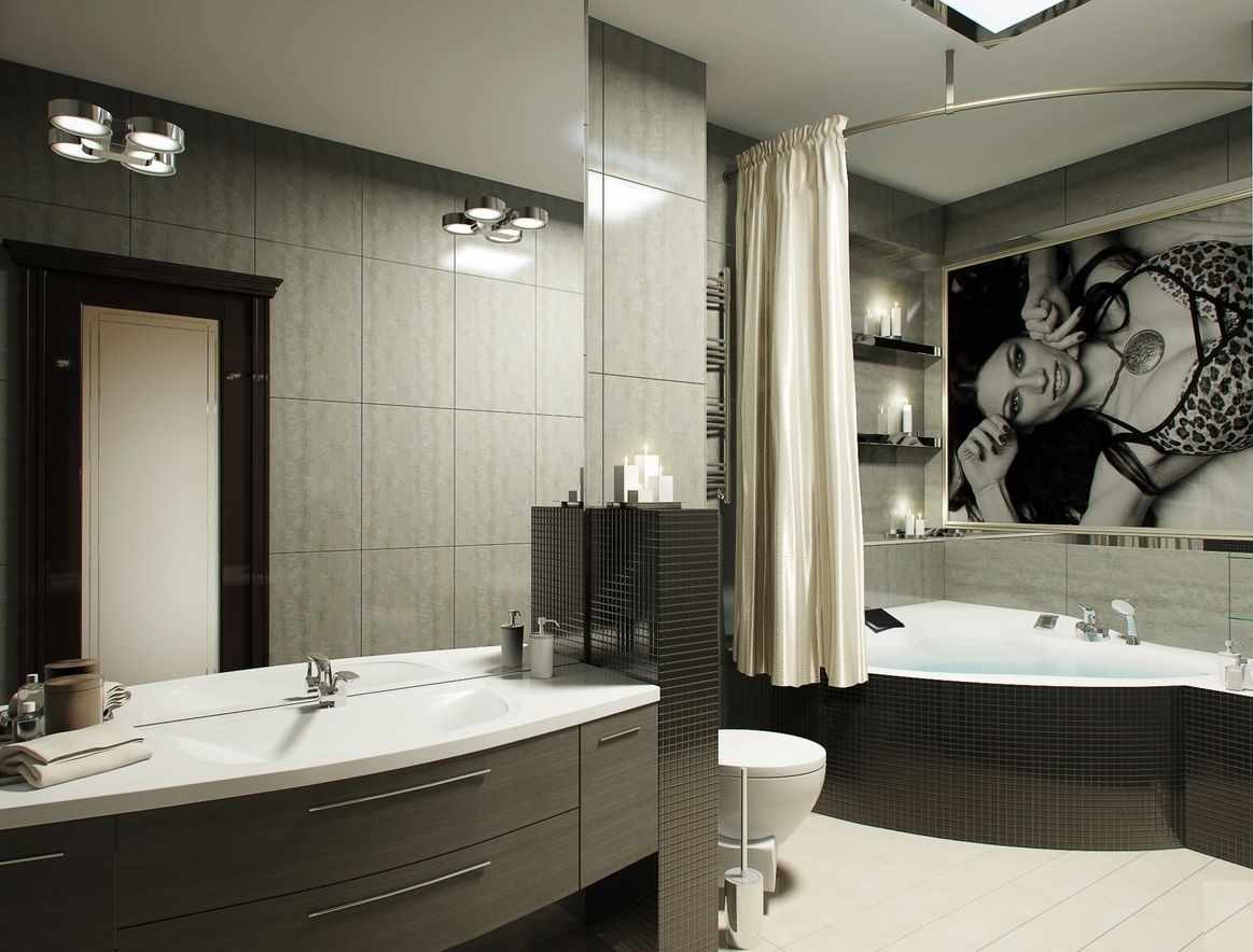 idea of ​​a light bathroom design with corner bath