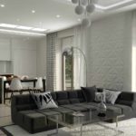 de toepassing van een mooi interieur van een woonkamer in de stijl van minimalisme