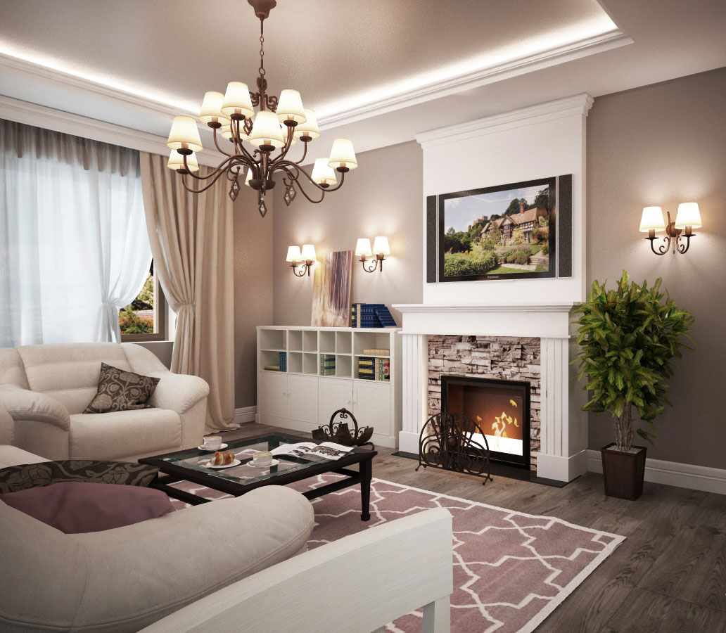idea of ​​using a bright decor of a living room with a fireplace