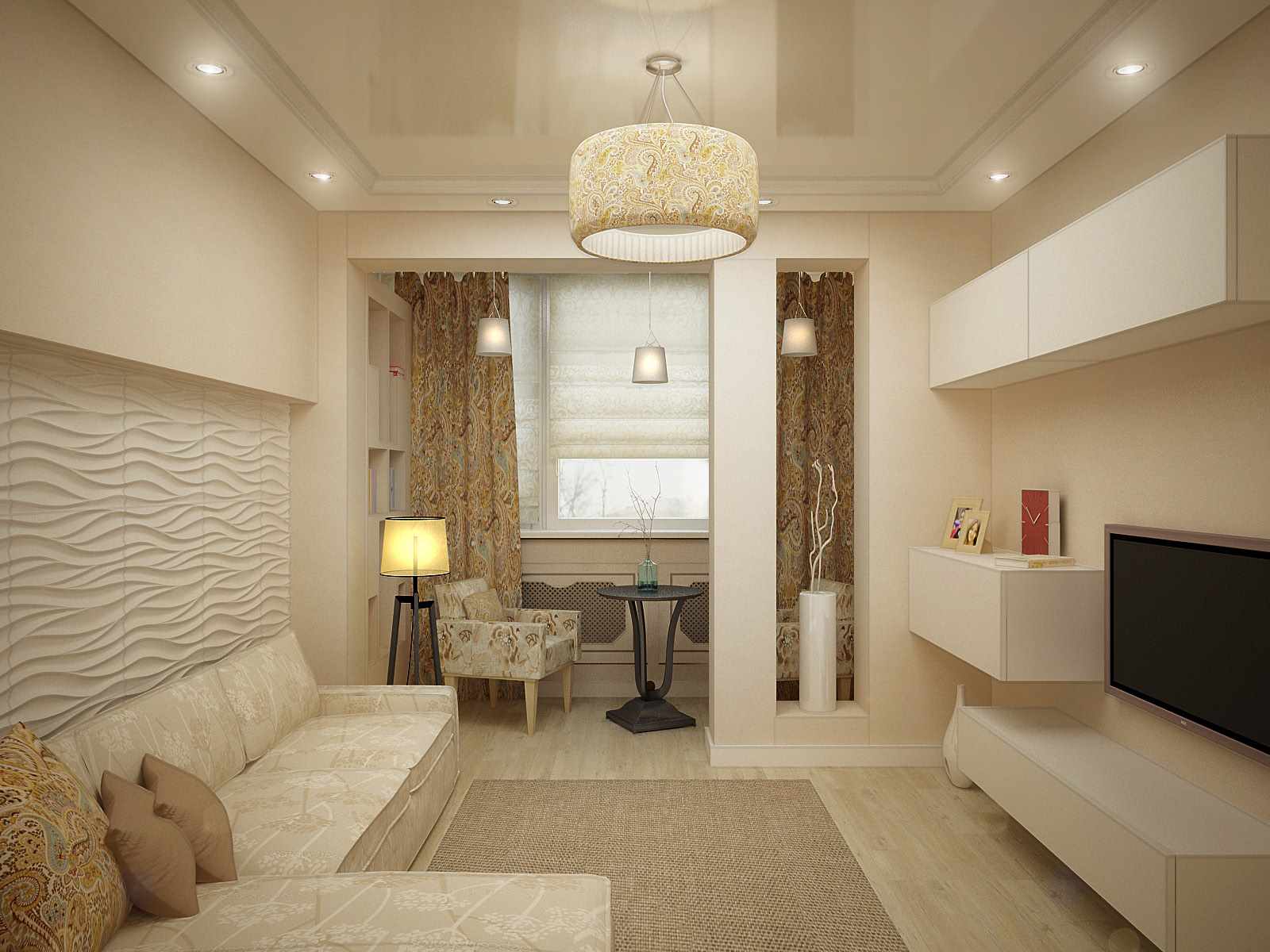 ideja par gaišu dzīvojamās istabas dizainu 17 kv.m platībā