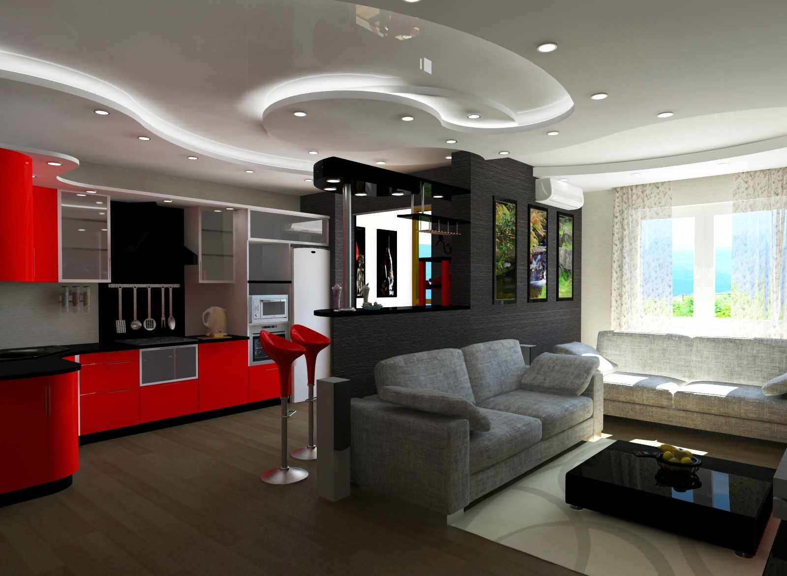 ideja par dzīvojamās istabas spilgtu dizainu 25 kv.m.
