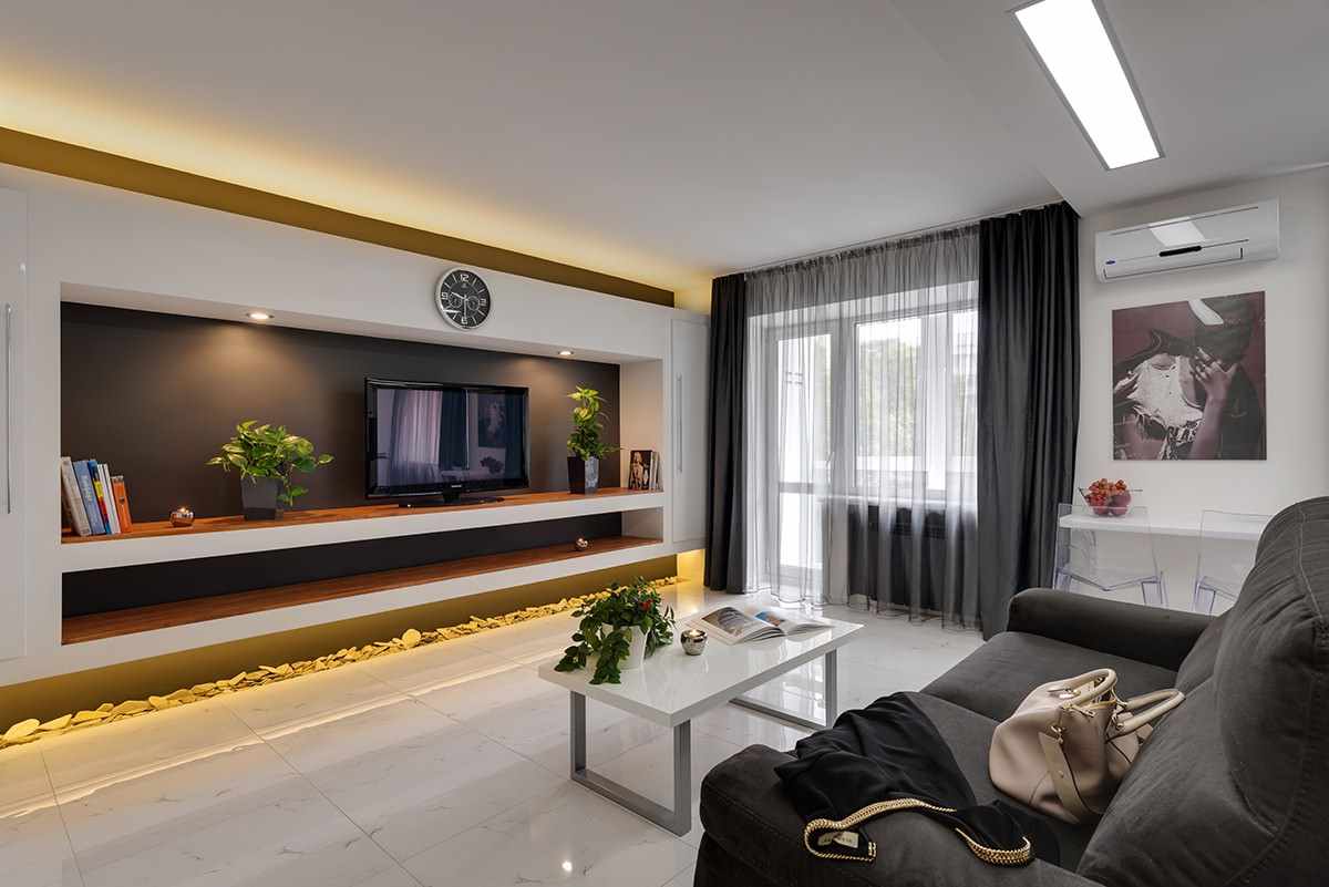 myšlienka svetlého dizajnu obývacej izby 16 m2