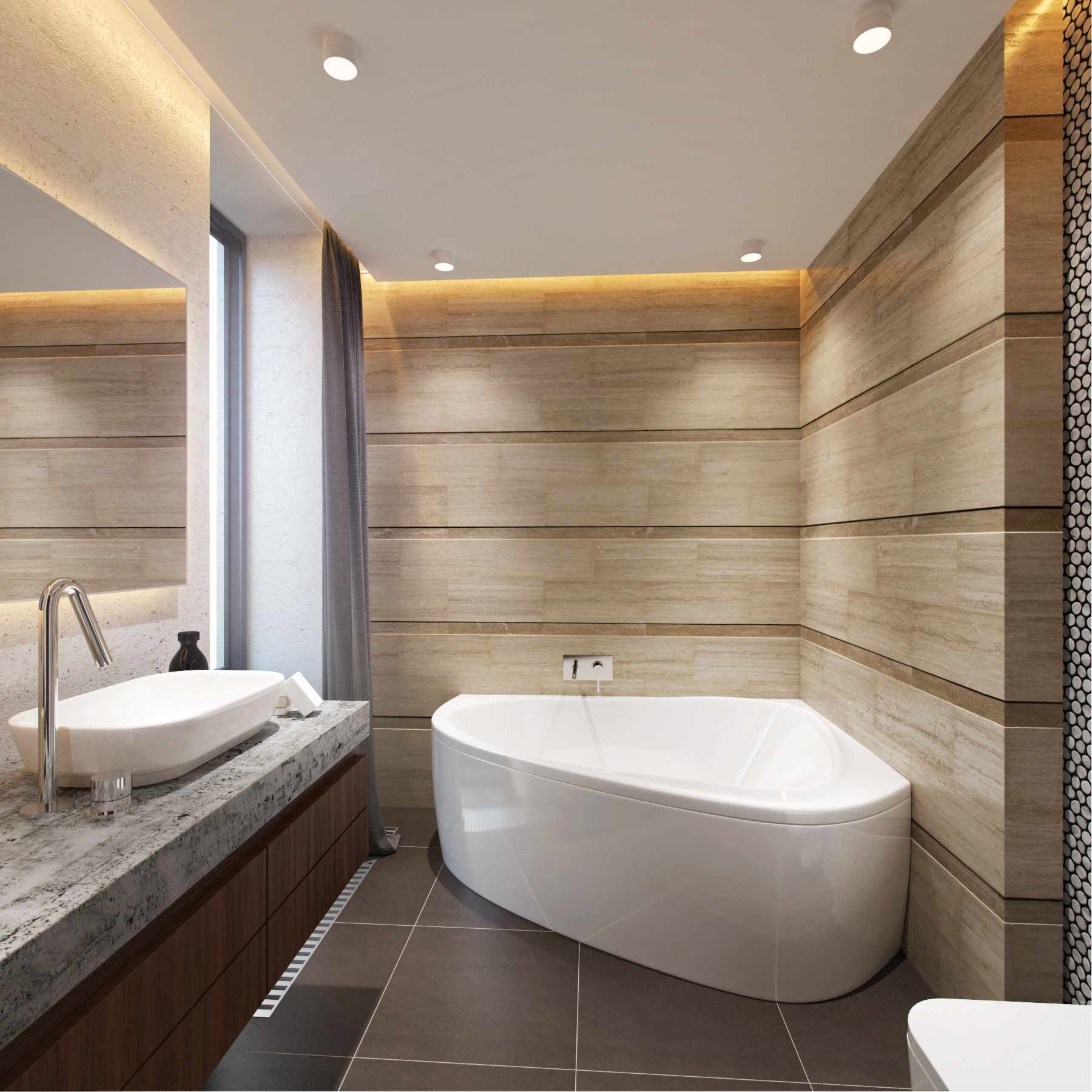 Viegla vannas istabas dizaina piemērs ar stūra vannu