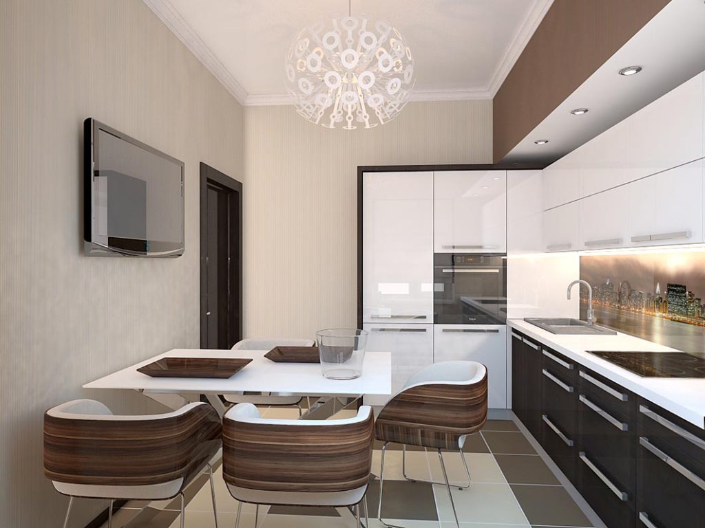 Kitchen interior with beige walls and brown furniture facades.