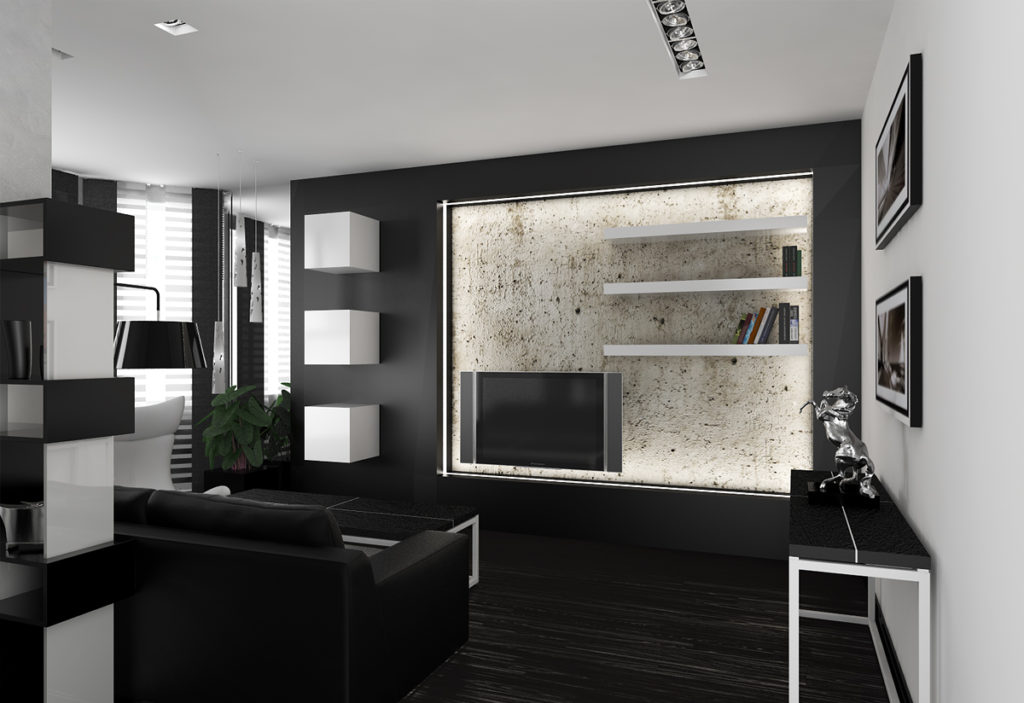 Guļamistabas-dzīvojamās istabas dizains melnā krāsā