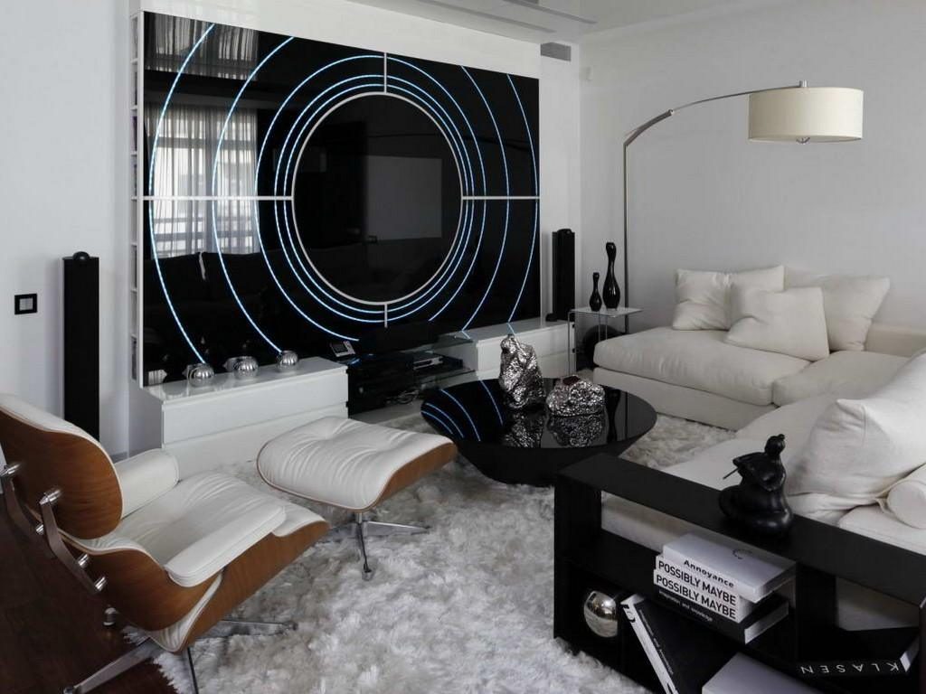 Fekete-fehér csúcstechnológiás hálószoba-nappali belső tere