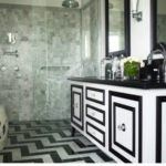 Black and white bathroom with an unusual ornament