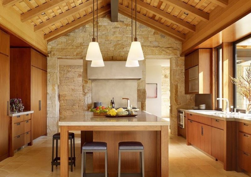 Wooden ceiling of a country house kitchen ceiling