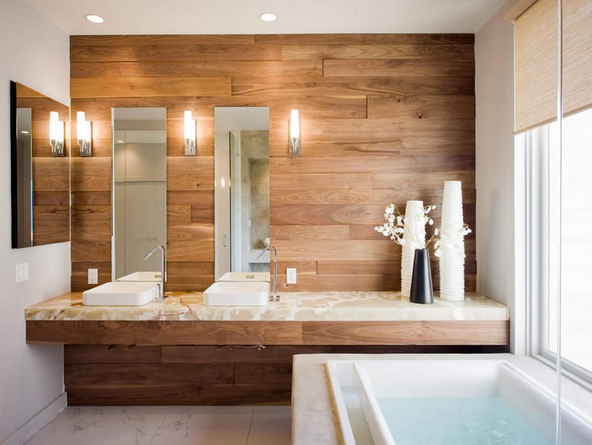 Decoración de paredes de madera en el baño.