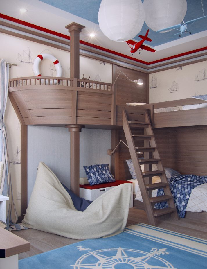 Bed-ship sa nursery para sa dalawang batang lalaki