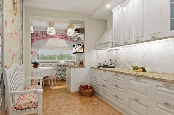 Design af køkken kombineret med balkon i Provence-stil