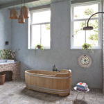 Wooden bathtub in a country house