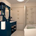 Meubles sombres dans la salle de bain d'un appartement en ville