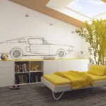 Drawing of a car on a white wall of a children's room