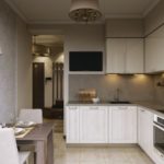 Reka bentuk dapur dengan set sudut dan pencahayaan kawasan kerja