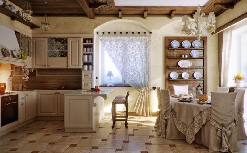 Provansas stila virtuves-ēdamistabas interjers