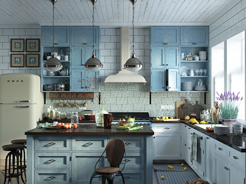 Suspension luminaires over a Provence-style kitchen island