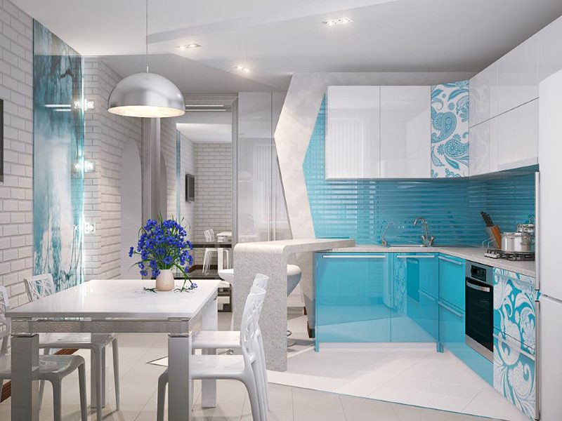 Светло син цвят в интериора на кухнята в стил Арт Нуво