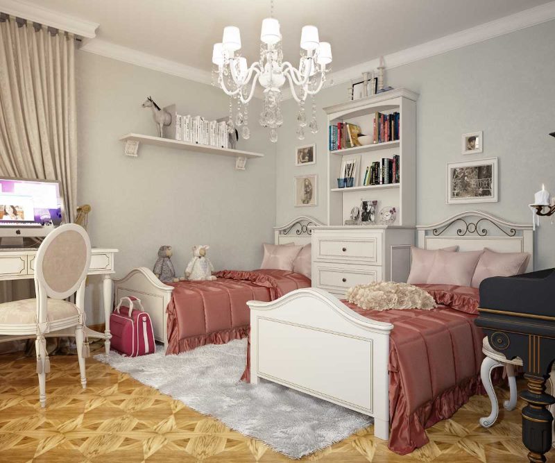 The interior of the nursery for two girls in a classic style